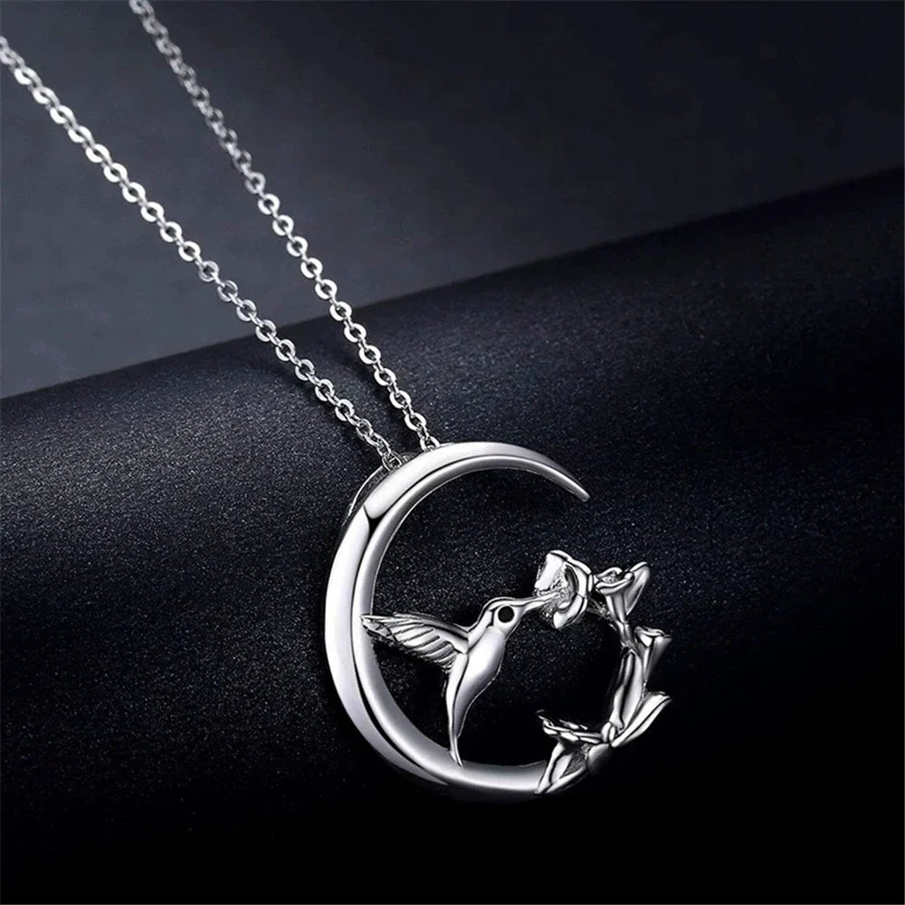 Collar de Colgante de Plata Vintage Moon Bird