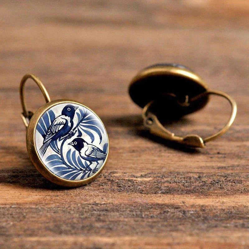 Pendientes de Domo de Cristal de Magpie Azul Vintage