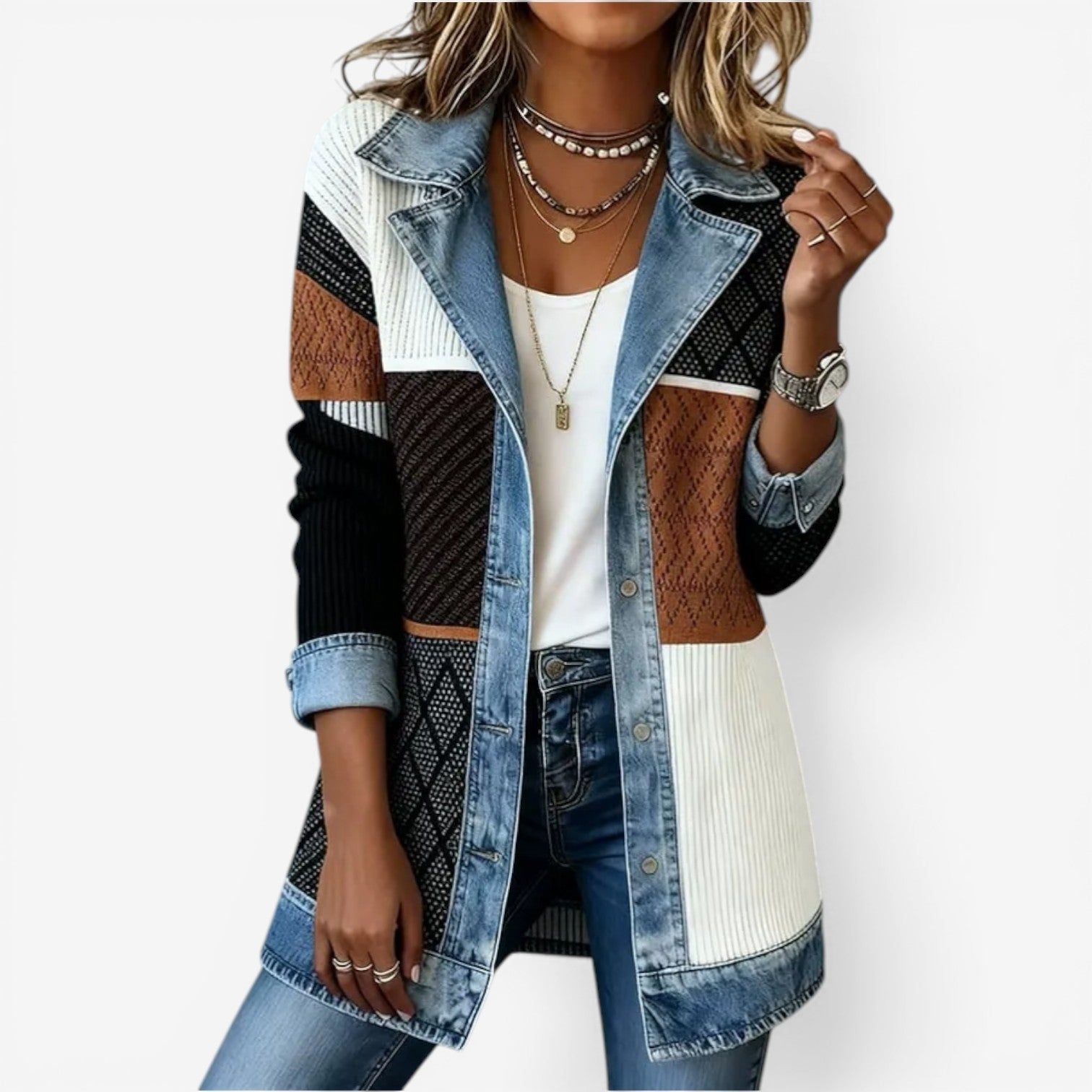 Emilia | Chaqueta de punto con detalles denim