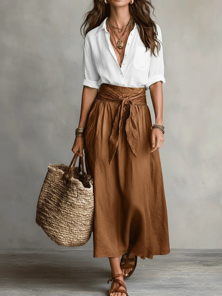 Malena | Conjunto elegante de dos piezas: Camisa y falda midi