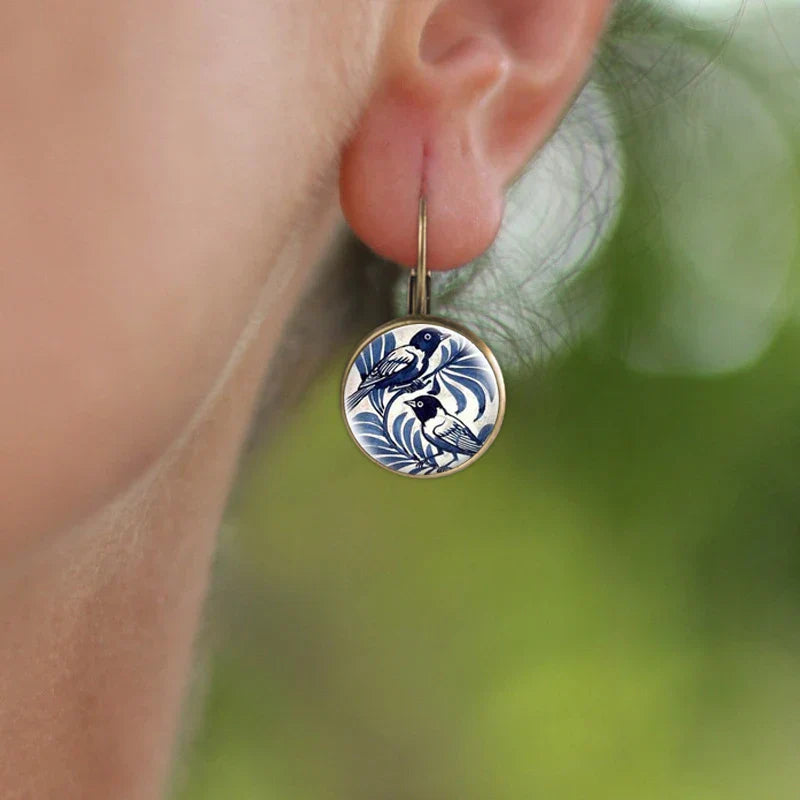 Pendientes de Domo de Cristal de Magpie Azul Vintage