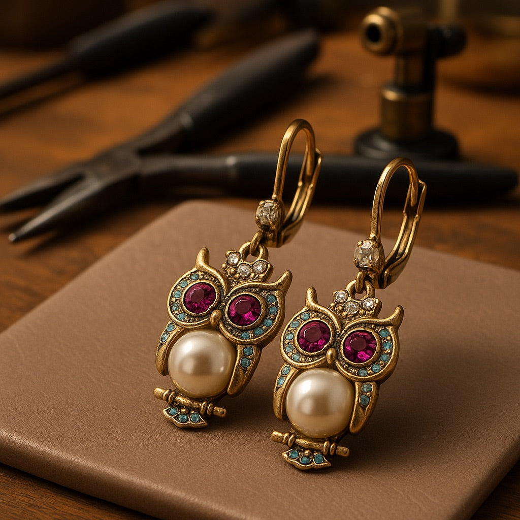 Pendientes de Cristal de Búho Vintage – Cristales Engastados a Mano con Detalle en Perla y Baño de Oro