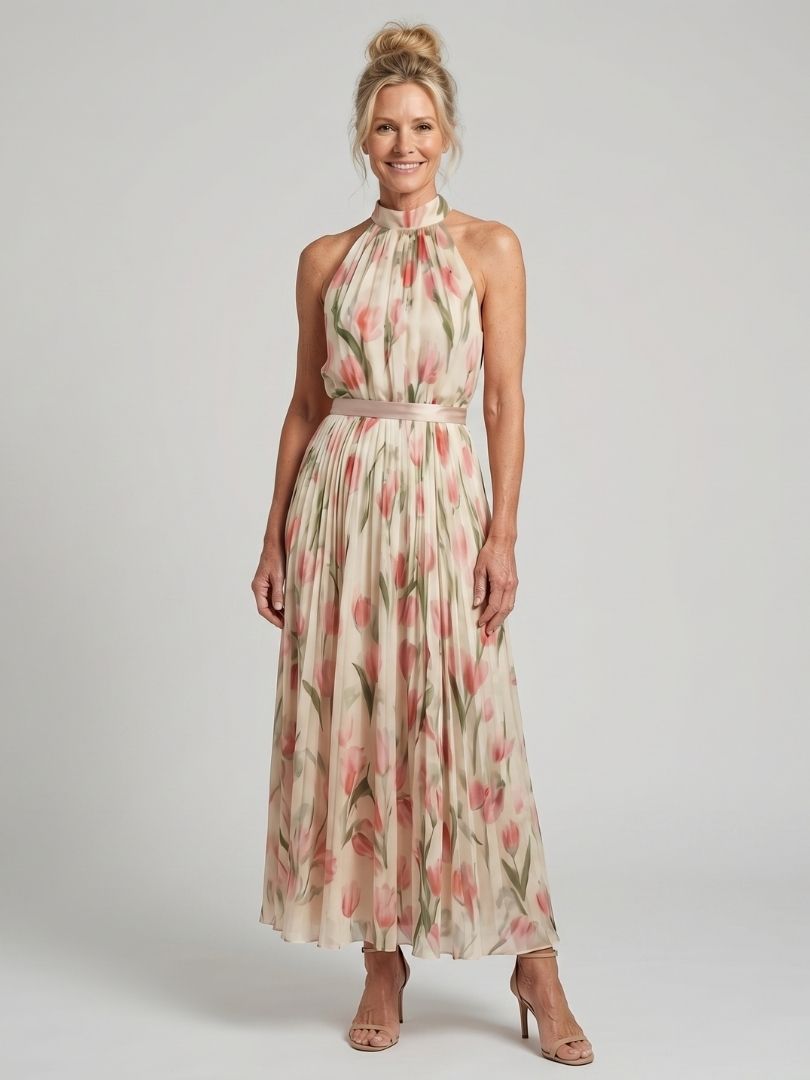 Aurelle | Vestido Midi Floral con Cuello Halter