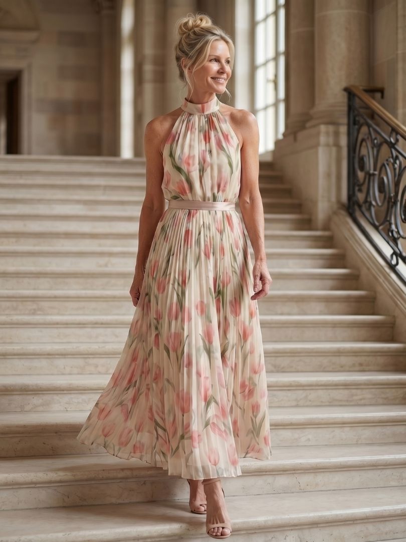 Aurelle | Vestido Midi Floral con Cuello Halter