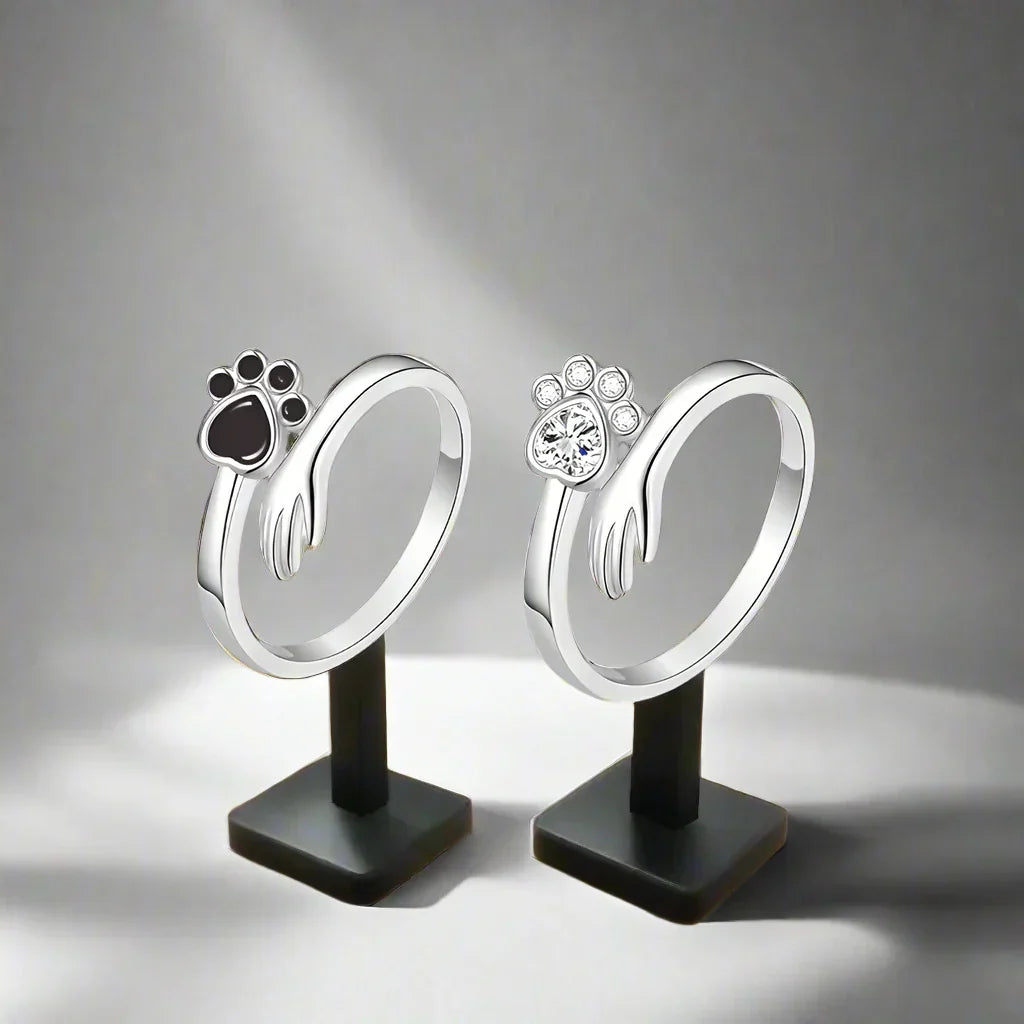 Anillo Ajustable de Plata Esterlina 925 – Diseño de Huella de Mano y Patita