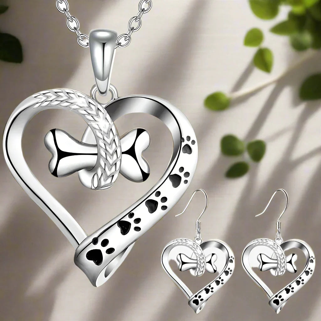 Conjunto de Joyería de 2 Piezas con Encantos de Huella, Corazón y Hueso