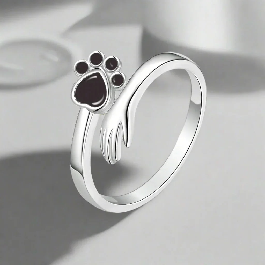 Anillo Ajustable de Plata Esterlina 925 – Diseño de Huella de Mano y Patita
