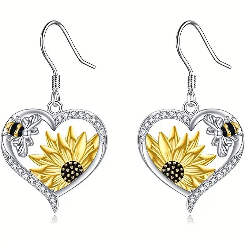 Pendientes Colgantes de Corazón con Girasol y Abeja Vintage Boho