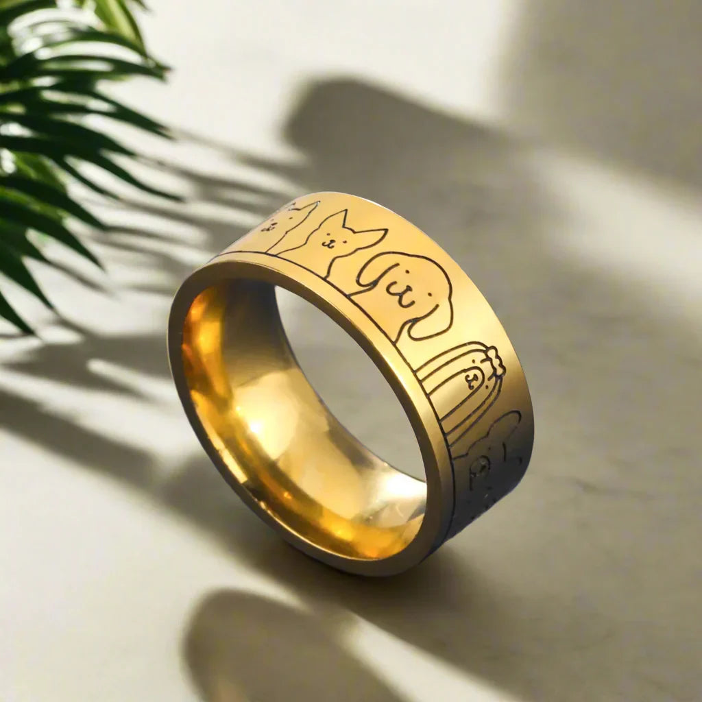 Anillo de Perro de Acero Inoxidable Ancho – Diseño Grabado para Mujeres