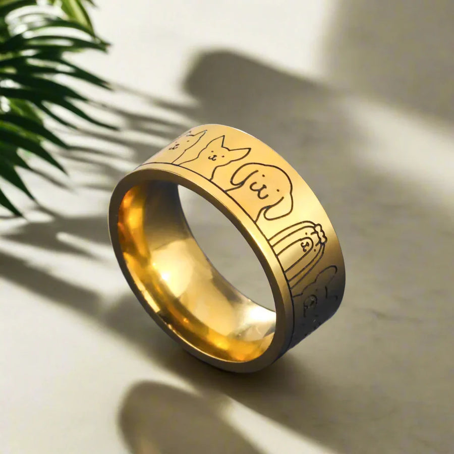 Anillo de Perro de Acero Inoxidable Ancho – Diseño Grabado para Mujeres