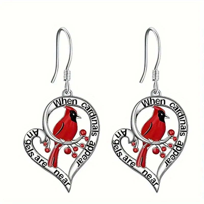 Pendientes Conmemorativos de Cardenales – “Cuando Aparecen los Cardenales, los Ángeles Están Cerca” Diseño de Corazón