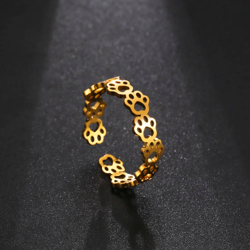 Anillo Ajustable con Huella de Patas – Hecho de Acero Inoxidable