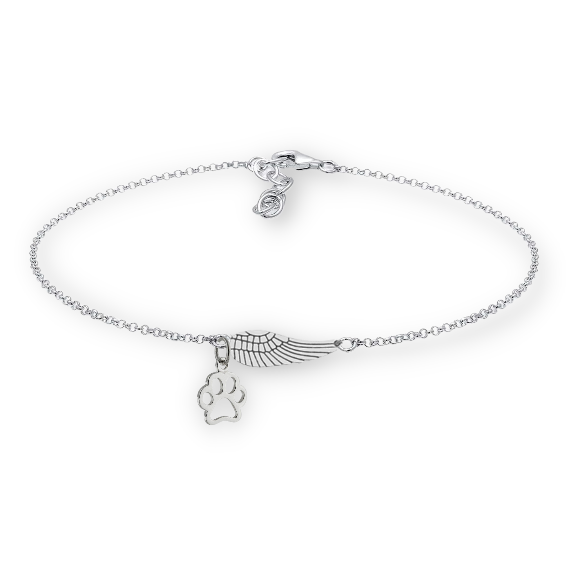 Pulsera Memorial de Plata con Ala de Ángel y Huella de Patita | Hecho a Mano