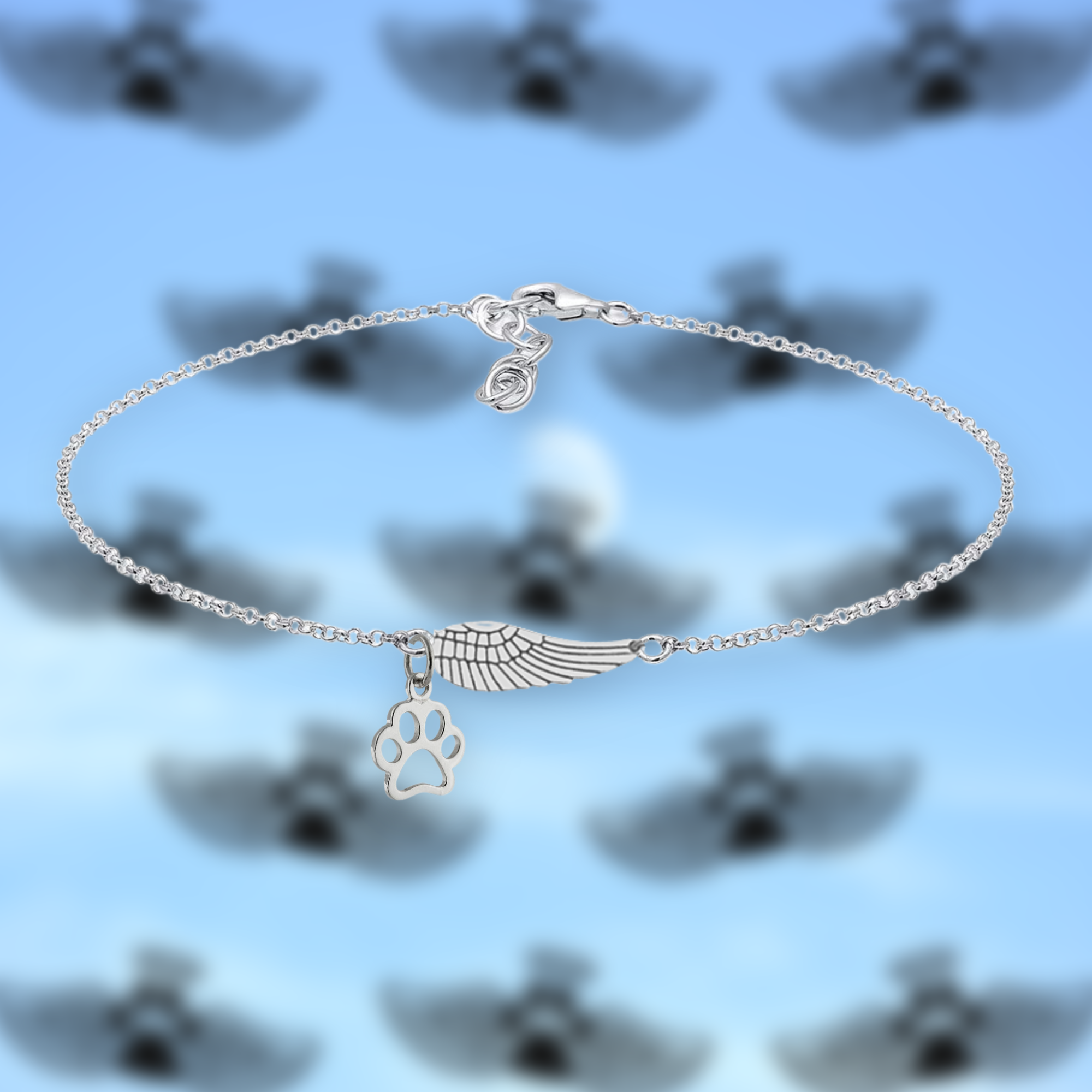 Pulsera Memorial de Plata con Ala de Ángel y Huella de Patita | Hecho a Mano
