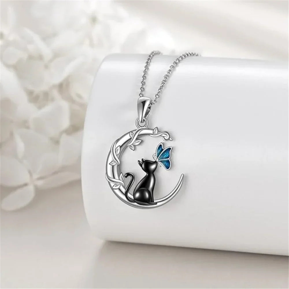 Collar de Colgante de Cristal de Mariposa y Gato Lunar