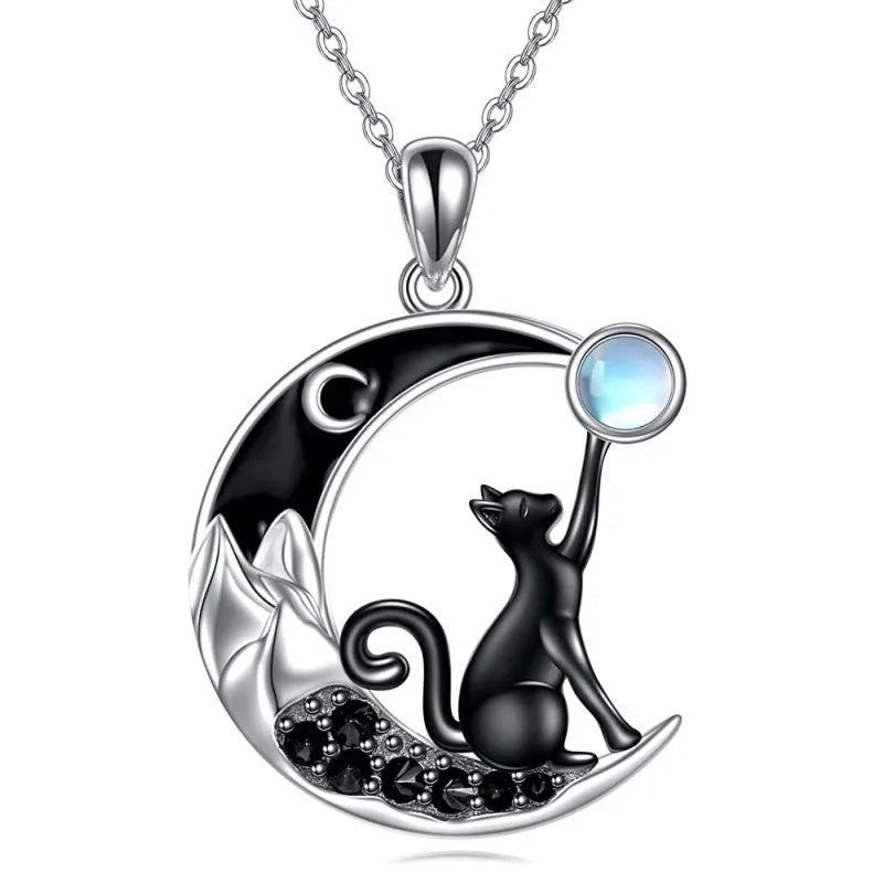 Collar de Colgante de Cristal de Gato Negro y Luna