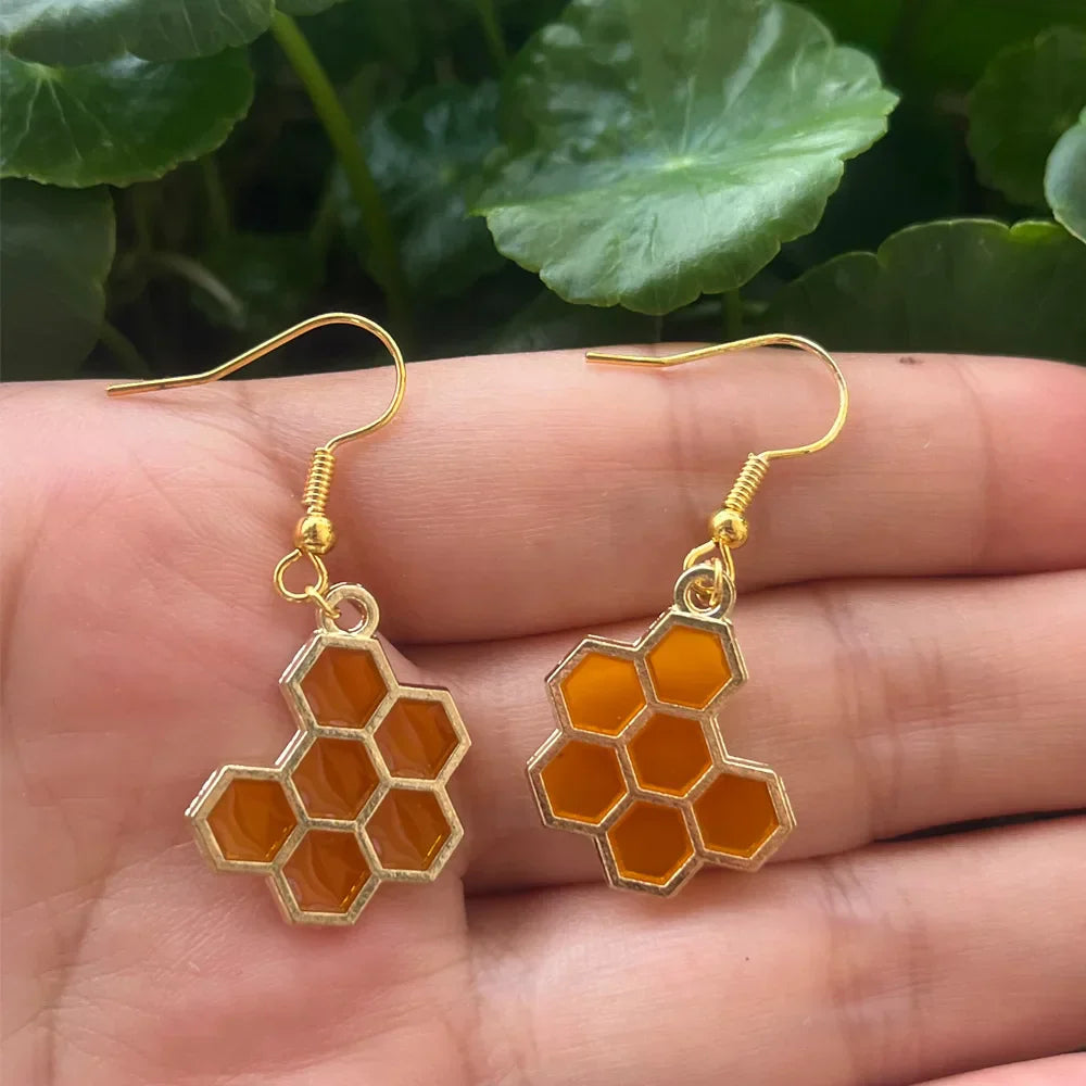 Pendientes de Cristal con Abeja Dorada y Panal