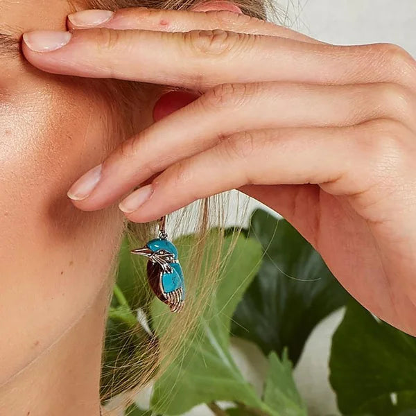 Pendientes de Esmalte Azul con Colibrí