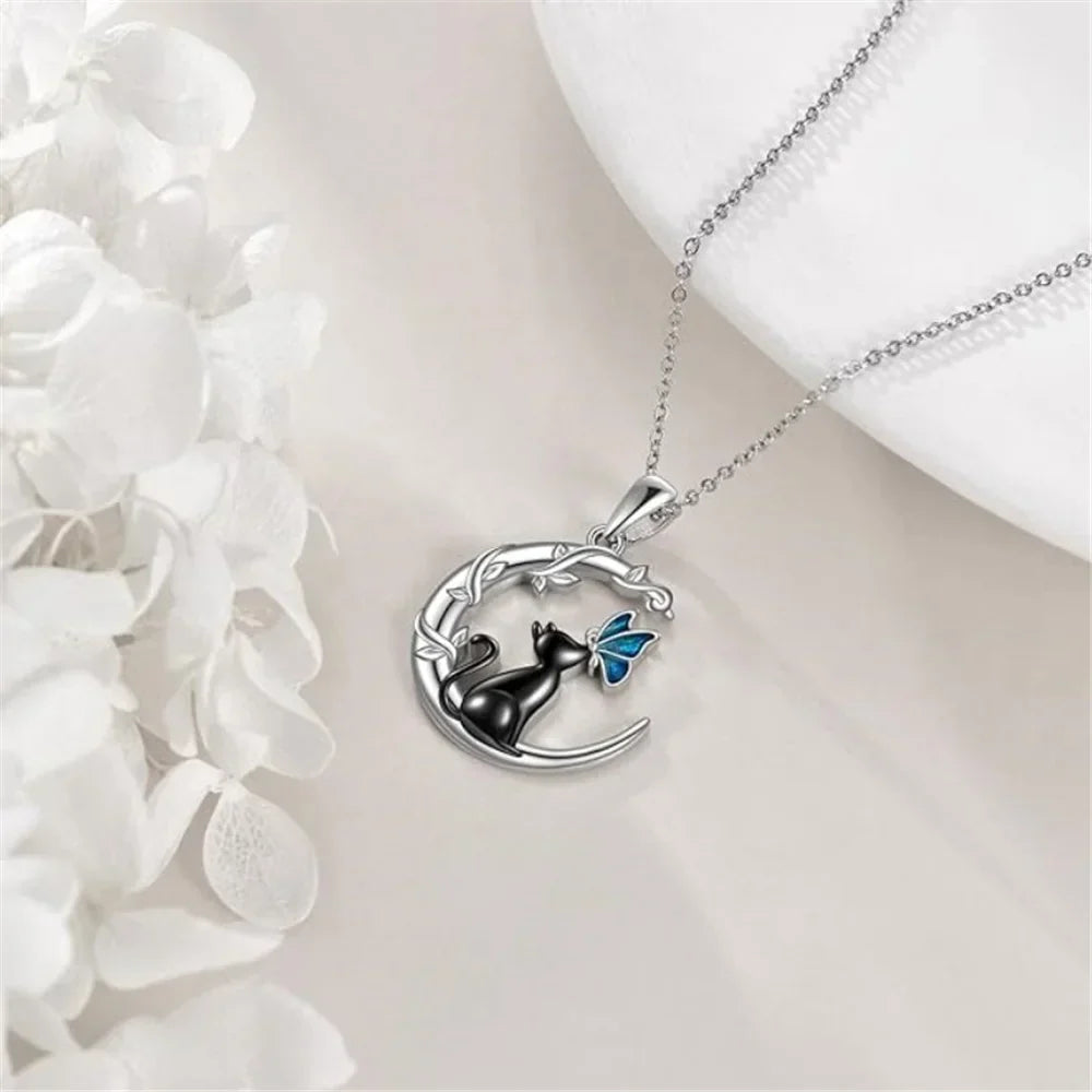 Collar de Colgante de Cristal de Mariposa y Gato Lunar