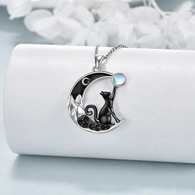 Collar de Colgante de Cristal de Gato Negro y Luna