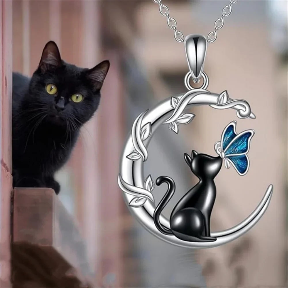 Collar de Colgante de Cristal de Mariposa y Gato Lunar