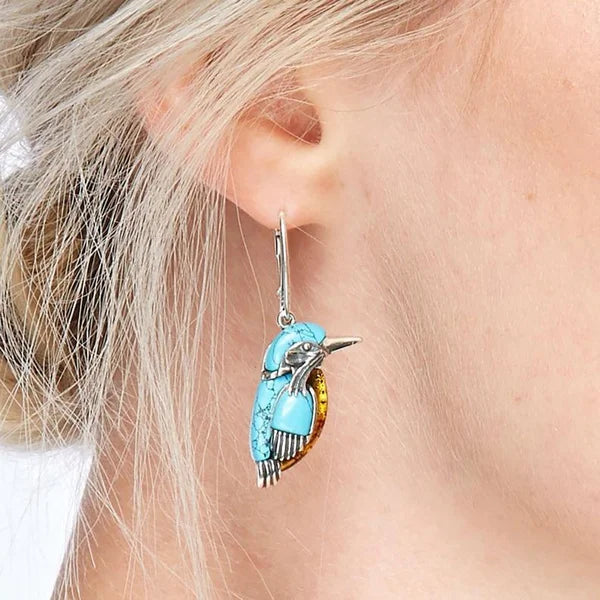 Pendientes de Esmalte Azul con Colibrí