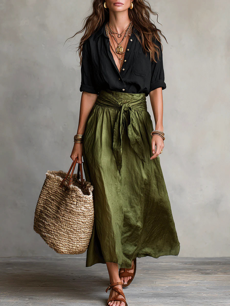 Malena | Conjunto elegante de dos piezas: Camisa y falda midi