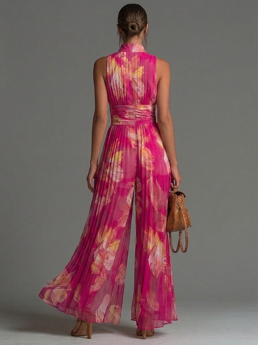 Nicole | Mono de chifón plisado con estampado floral fucsia