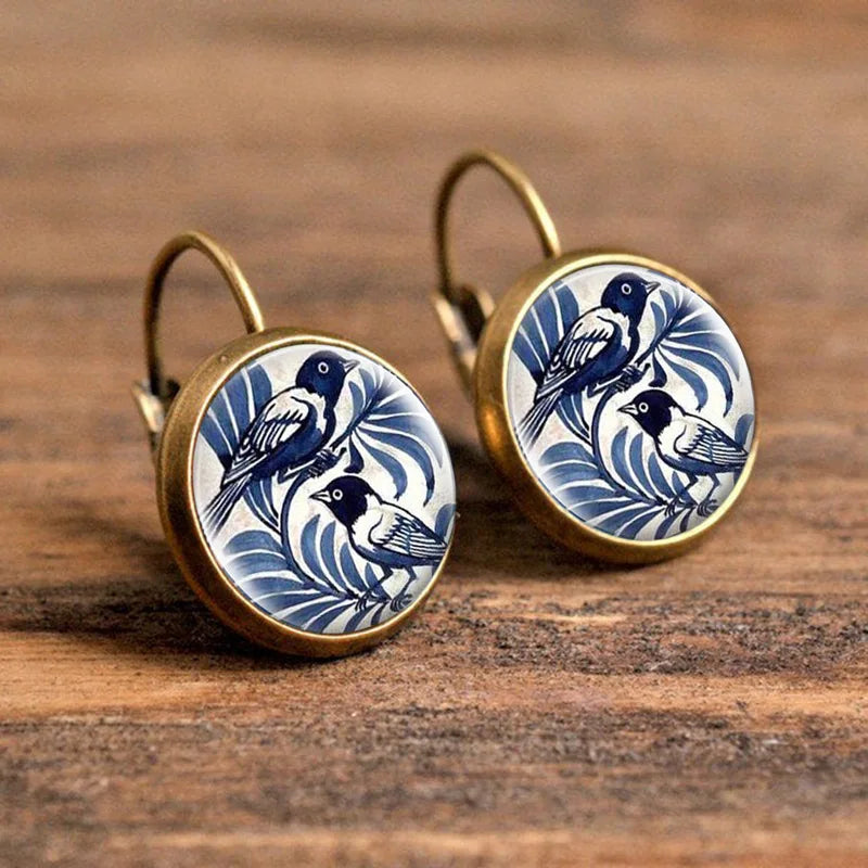 Pendientes de Domo de Cristal de Magpie Azul Vintage