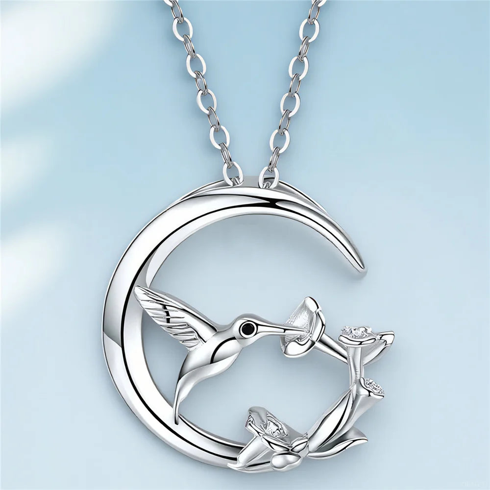 Collar de Colgante de Plata Vintage Moon Bird