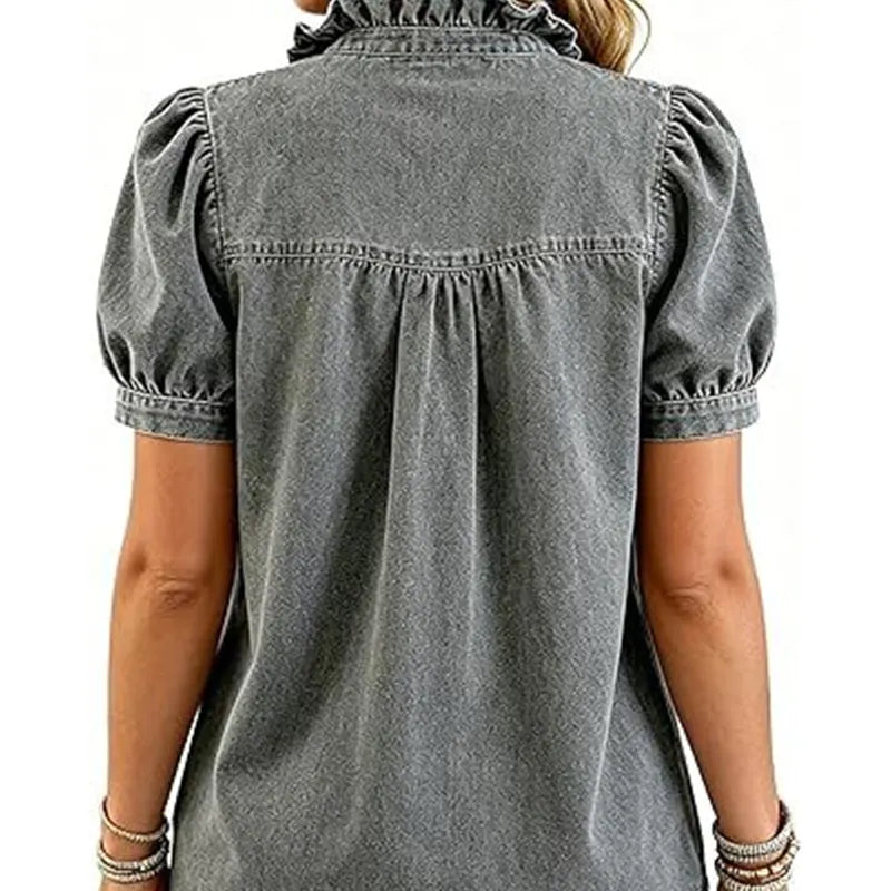 Top vaquero femenino | Con cuello volante y mangas abullonadas