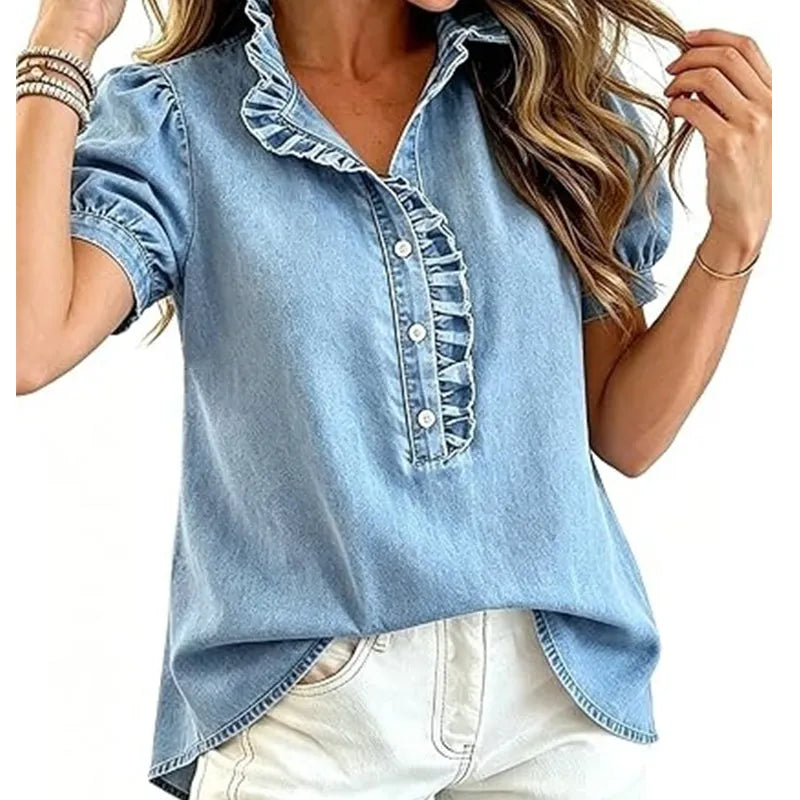 Top vaquero femenino | Con cuello volante y mangas abullonadas