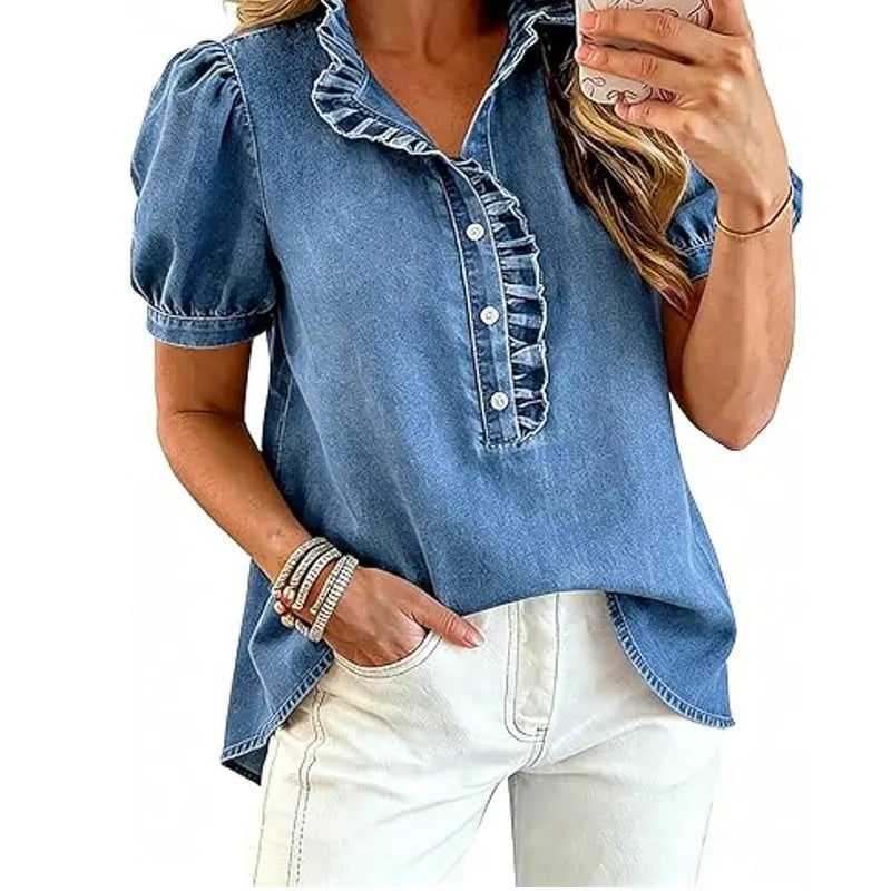 Top vaquero femenino | Con cuello volante y mangas abullonadas