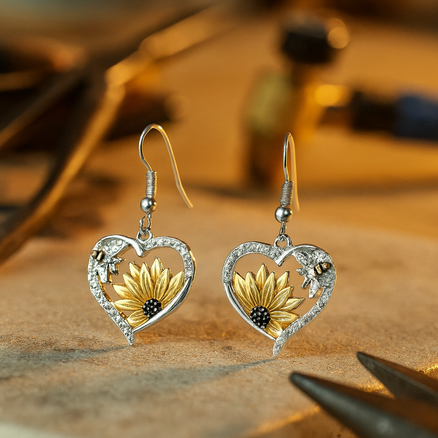Pendientes Colgantes de Corazón con Girasol y Abeja Vintage Boho