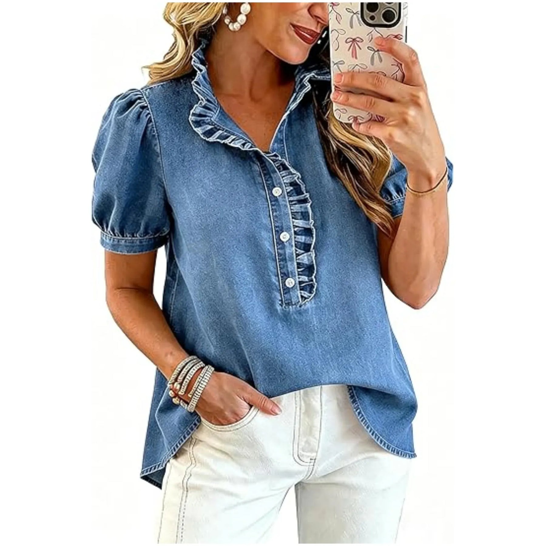 Top vaquero femenino | Con cuello volante y mangas abullonadas