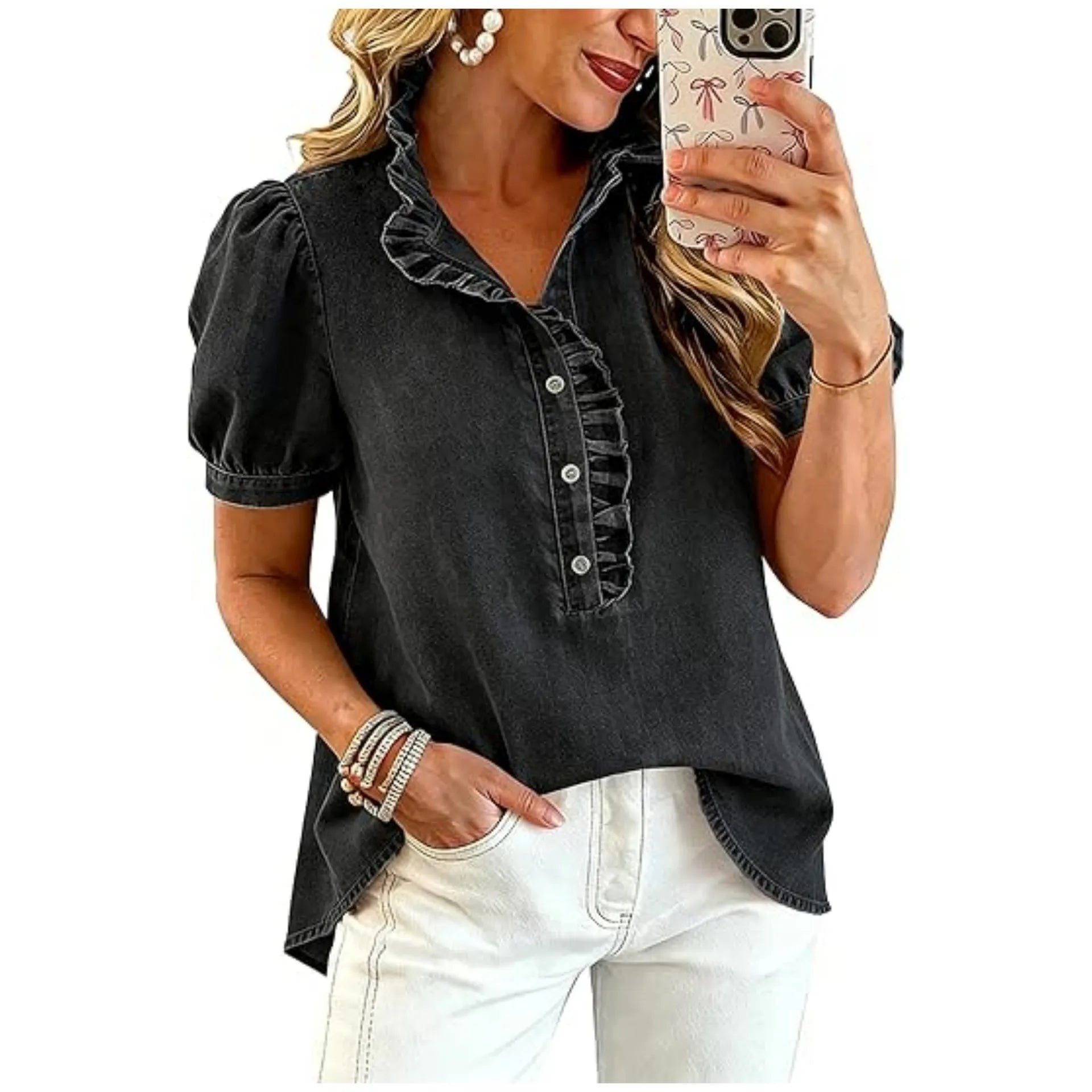 Top vaquero femenino | Con cuello volante y mangas abullonadas