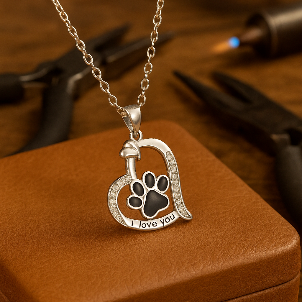 Collar con Colgante de Huella de Perro en Forma de Corazón con Zirconia
