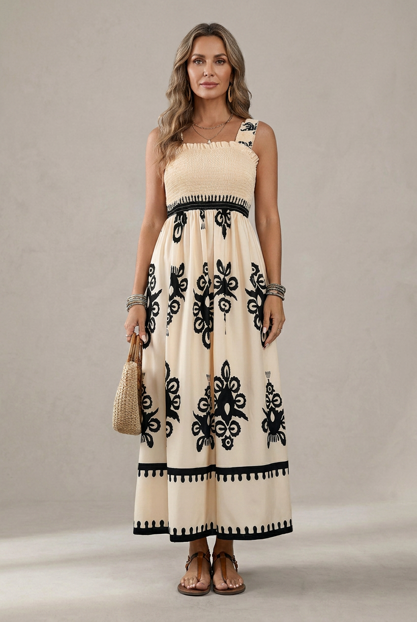 Martina | Vestido maxi con estampado artístico y cintura elástica