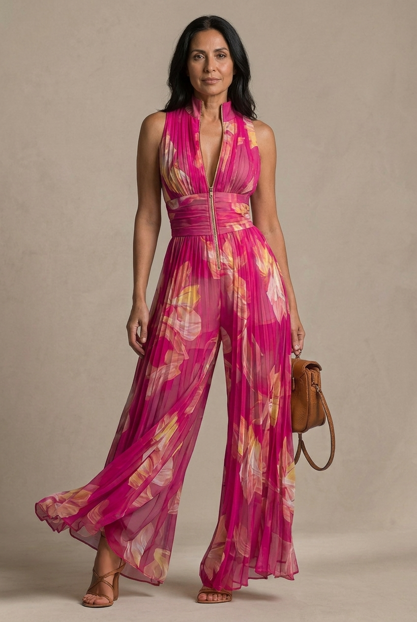 Nicole | Mono de chifón plisado con estampado floral fucsia