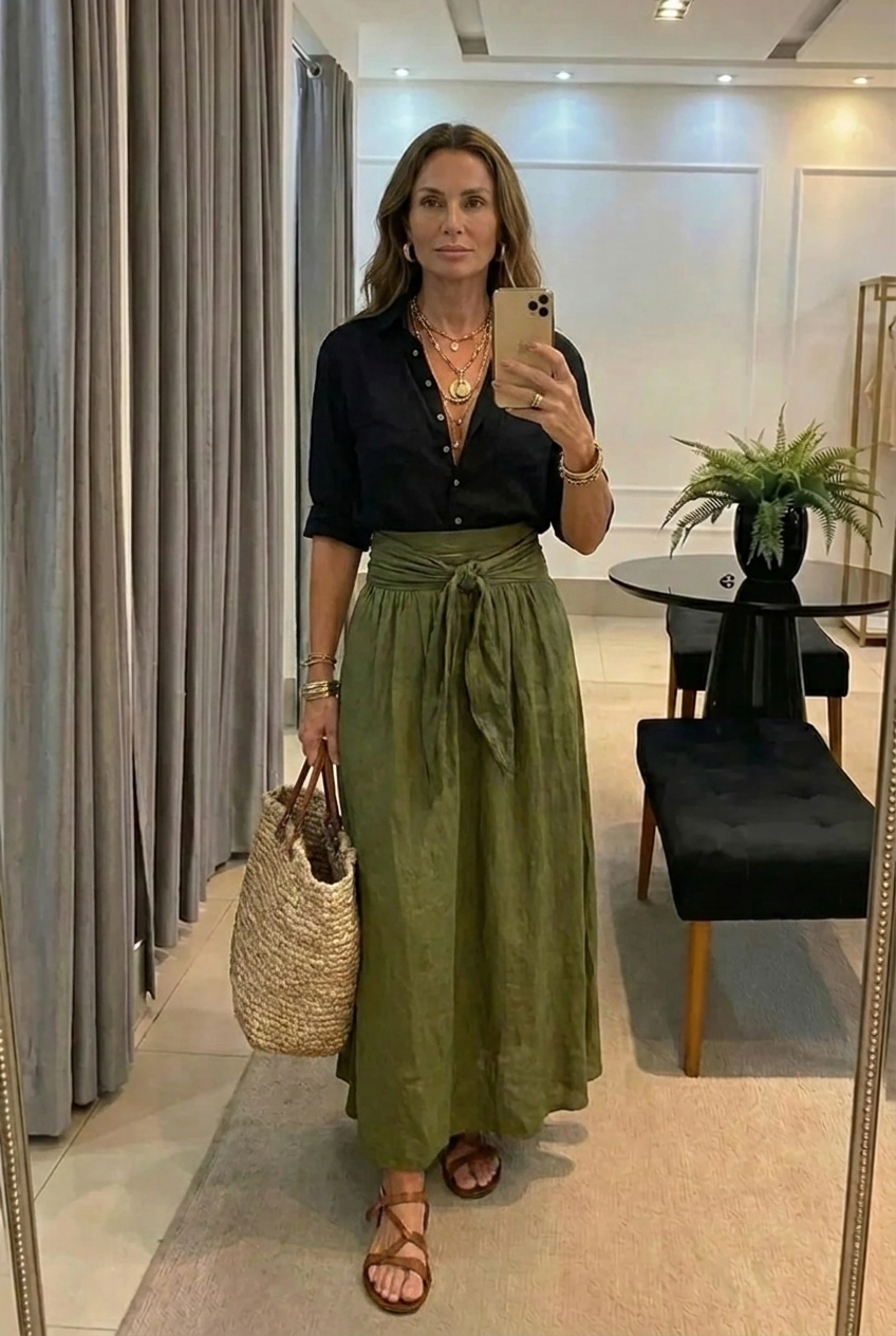 Malena | Conjunto elegante de dos piezas: Camisa y falda midi