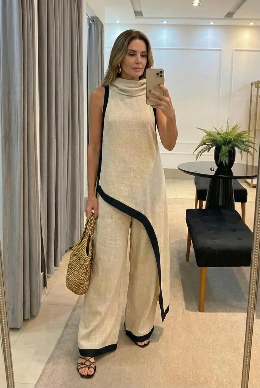 Leonora | Conjunto elegante con corte asimétrico y pantalón fluido