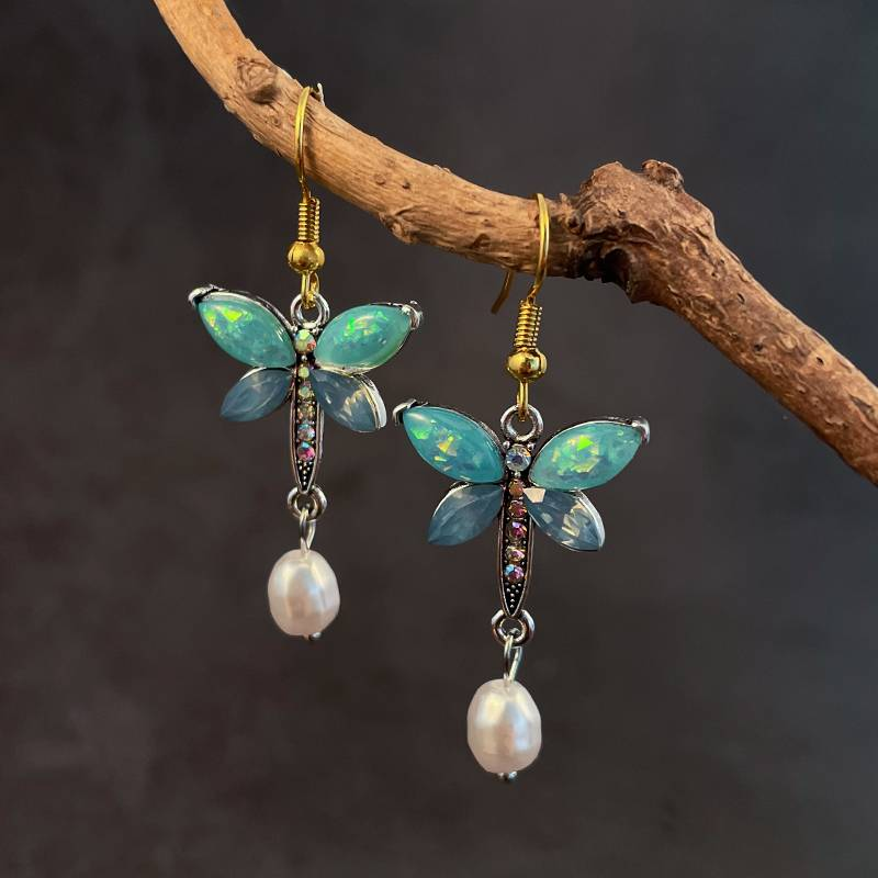 Pendientes de Mariposa de Perlas de Ópalo Verde Vintage