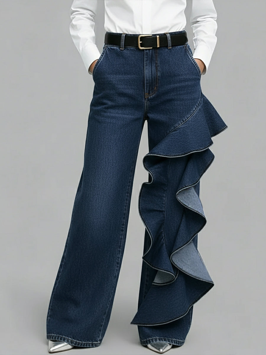 Luna | Jeans wide leg con volante asimétrico