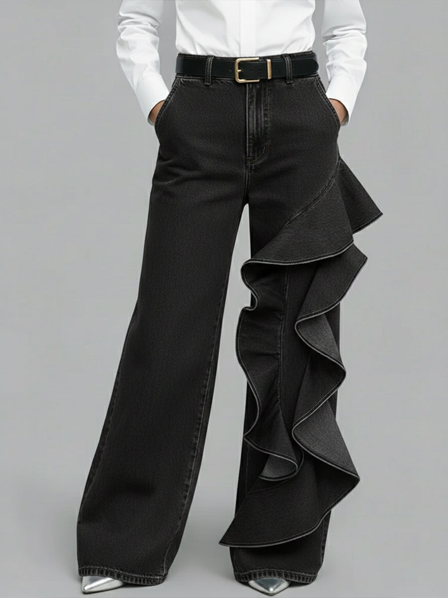 Luna | Jeans wide leg con volante asimétrico