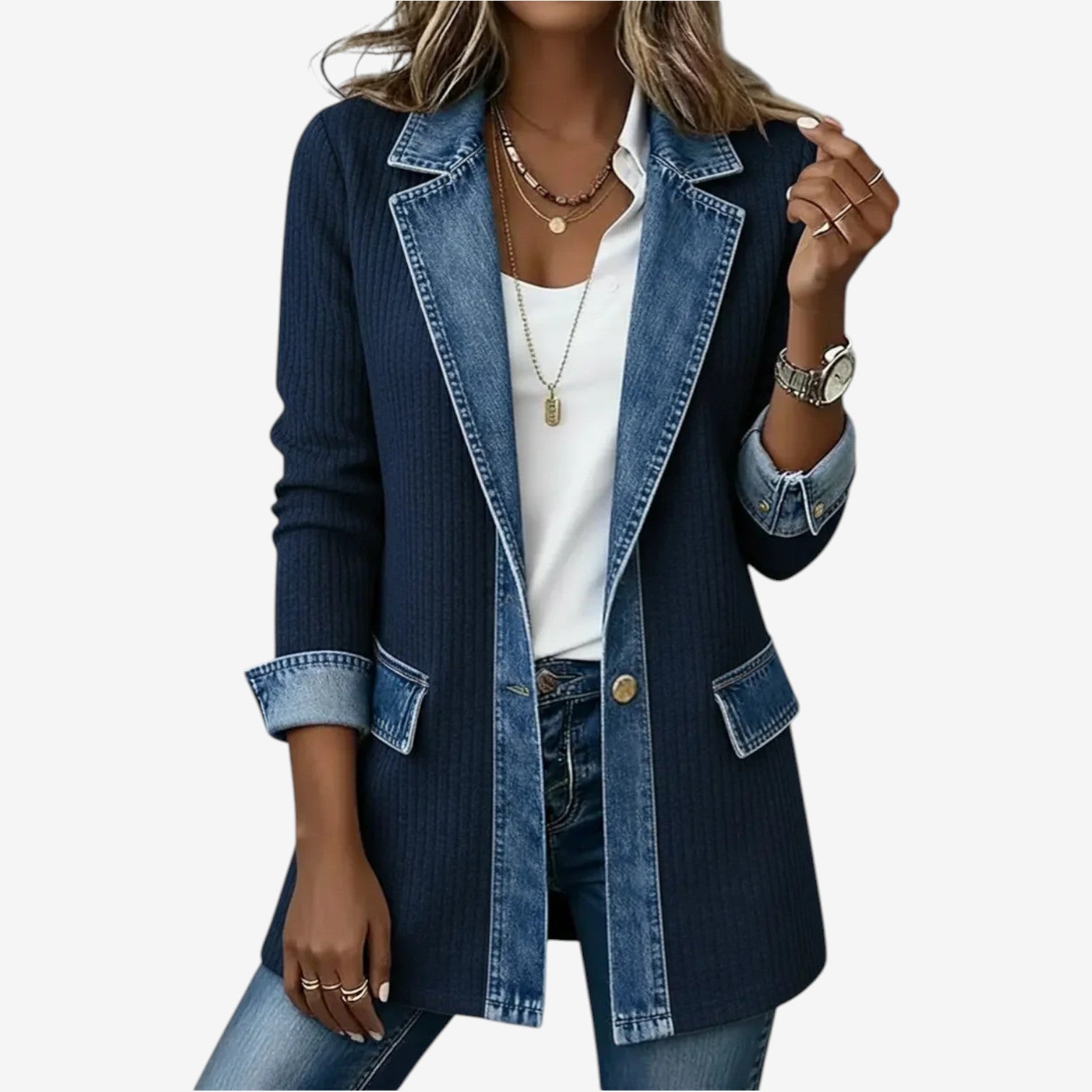 Emilia | Chaqueta de punto con detalles denim