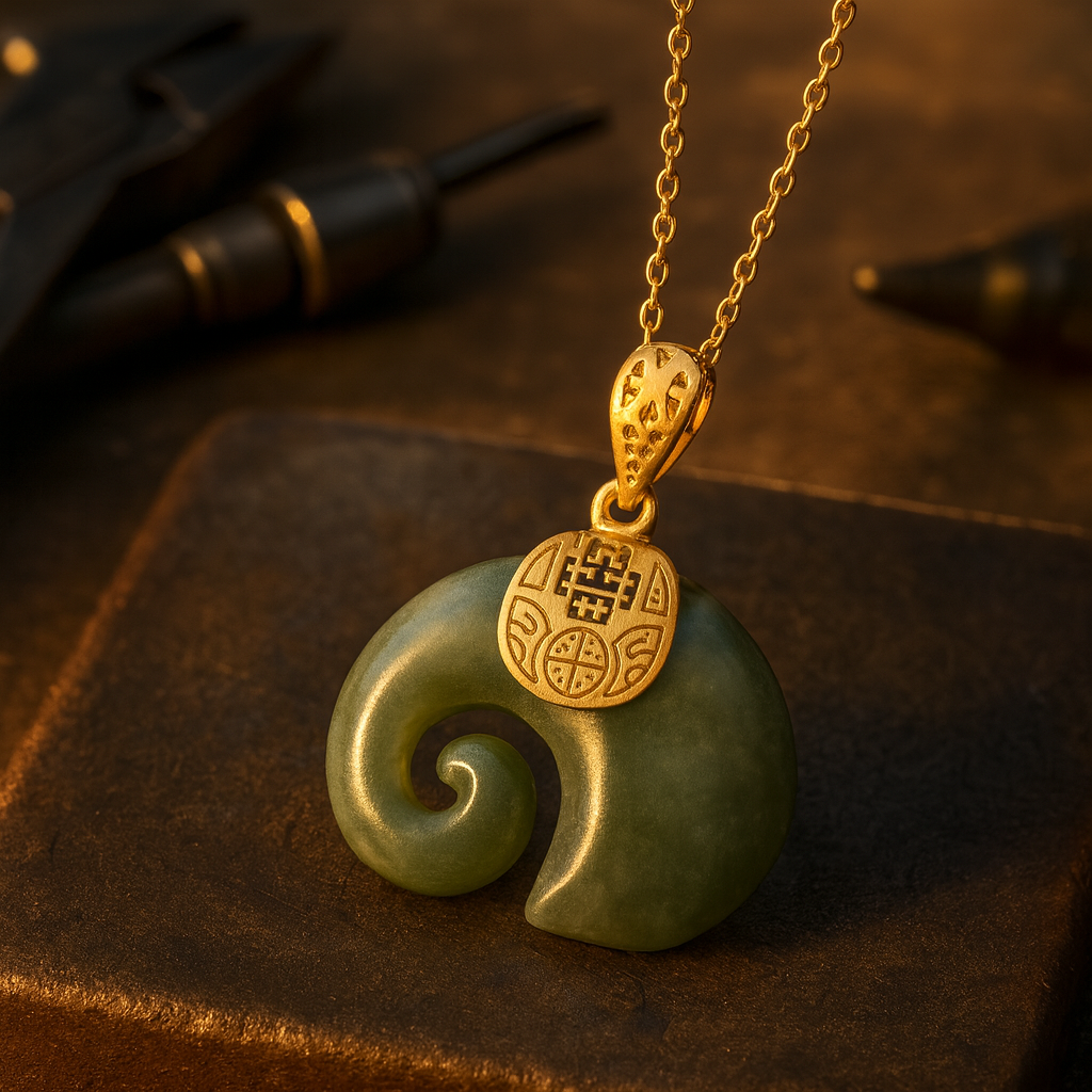 Collar con Colgante de Elefante de Jade Hetian – Cadena Baño de Oro de 18K para Mujeres