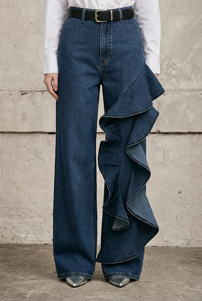 Luna | Jeans wide leg con volante asimétrico