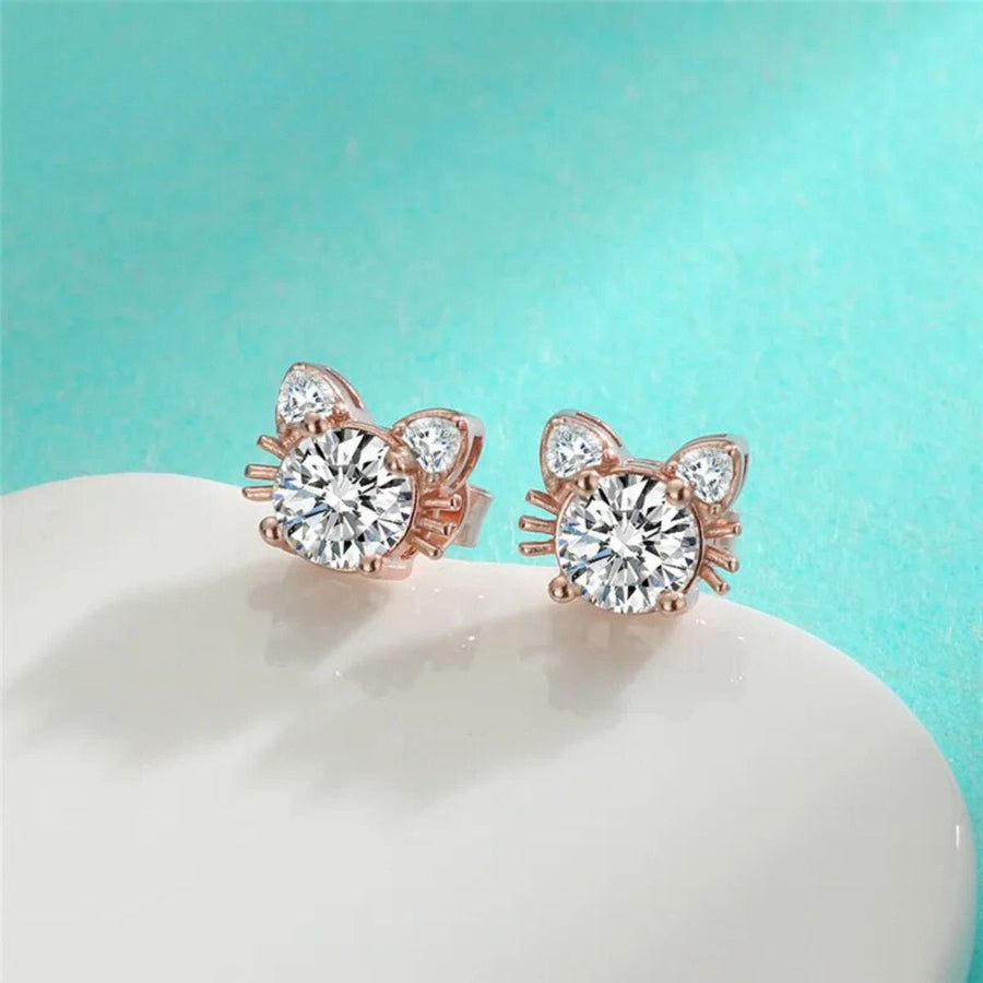 Pendientes de Stud de Gato de Moissanita en Oro Rosa de 925 Plata Esterlina