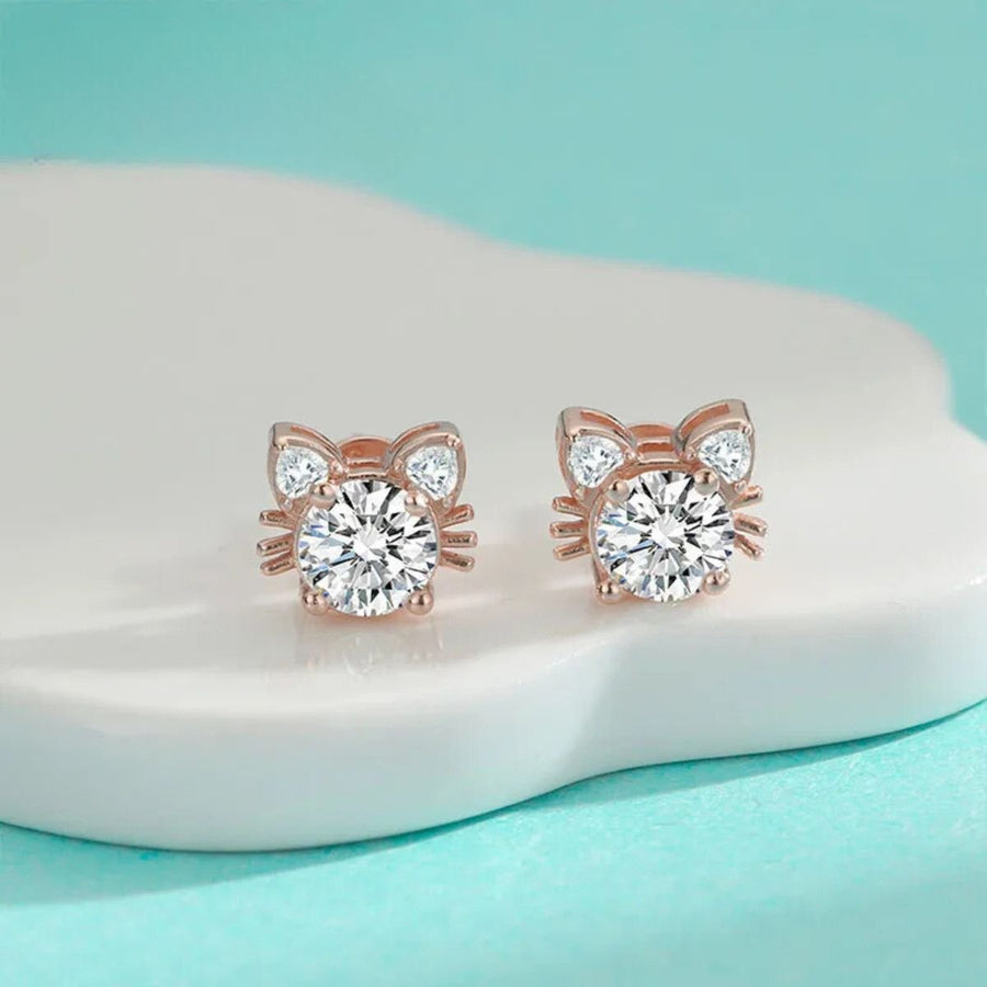 Pendientes de Stud de Gato de Moissanita en Oro Rosa de 925 Plata Esterlina