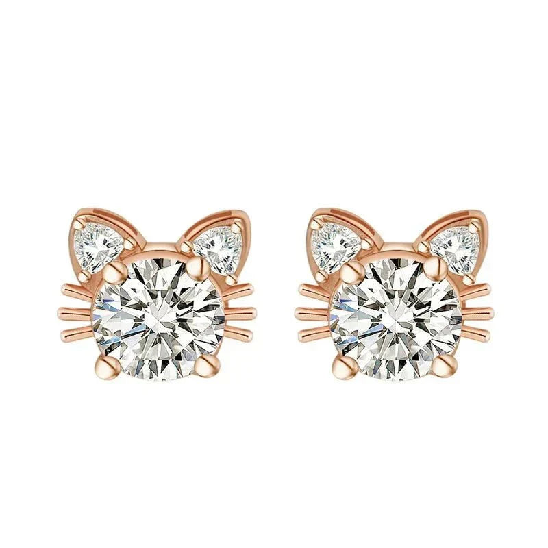 Pendientes de Stud de Gato de Moissanita en Oro Rosa de 925 Plata Esterlina